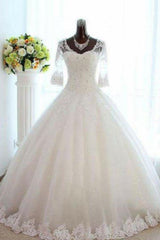 Floor Length Tulle Ball Gown Beading V neck 3/4 Sleeves Bateau Wedding Dresses-Ballbella