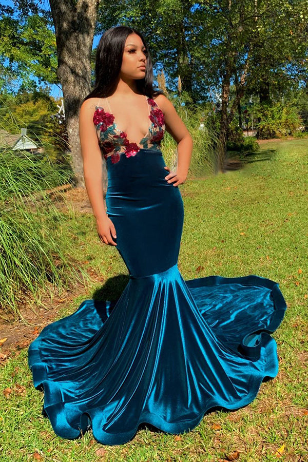 Floral Appliques Deep V-neck Sleeveless Sweep Train Mermaid Prom Dresses Floral Appliques Deep V-neck Sleeveless Sweep Train Mermaid Prom Dresses