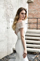 Floral Beaded Cap Sleeve Mermaid Lace Ivory Wedding Dress with Chapel Train-Ballbella