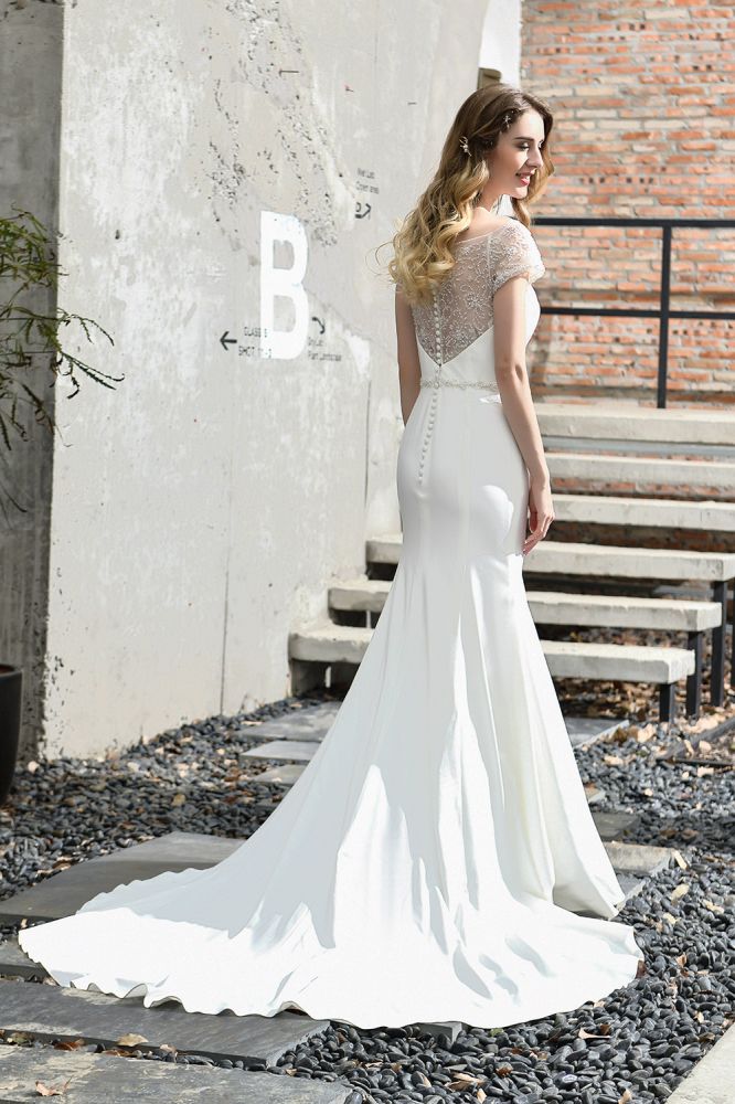 Floral Beaded Cap Sleeve Mermaid Lace Ivory Wedding Dress with Chapel Train Floral Beaded Cap Sleeve Mermaid Lace Ivory Wedding Dress with Chapel Train