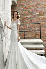 Floral Beaded Cap Sleeve Mermaid Lace Ivory Wedding Dress with Chapel Train-Ballbella