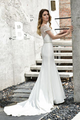 Floral Beaded Cap Sleeve Mermaid Lace Ivory Wedding Dress with Chapel Train-Ballbella