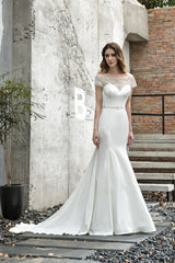 Floral Beaded Cap Sleeve Mermaid Lace Ivory Wedding Dress with Chapel Train-Ballbella