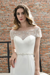 Floral Beaded Cap Sleeve Mermaid Lace Ivory Wedding Dress with Chapel Train-Ballbella