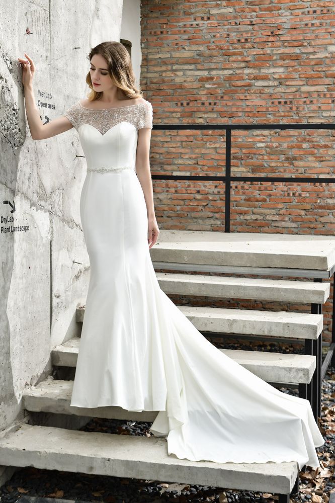Floral Beaded Cap Sleeve Mermaid Lace Ivory Wedding Dress with Chapel Train Floral Beaded Cap Sleeve Mermaid Lace Ivory Wedding Dress with Chapel Train