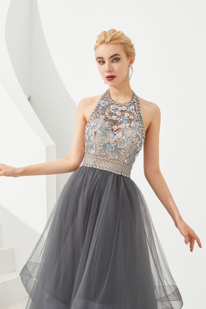 Floral Halter Evening Dress with Sparkle Beads Trendy Gray Mother of the bride Dress with watermelon and blue decorations Floral Halter Evening Dress with Sparkle Beads Trendy Gray Mother of the bride Dress with watermelon and blue decorations