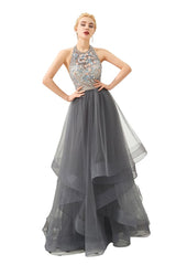Floral Halter Evening Dress with Sparkle Beads Trendy Gray Mother of the bride Dress with watermelon and blue decorations-Ballbella
