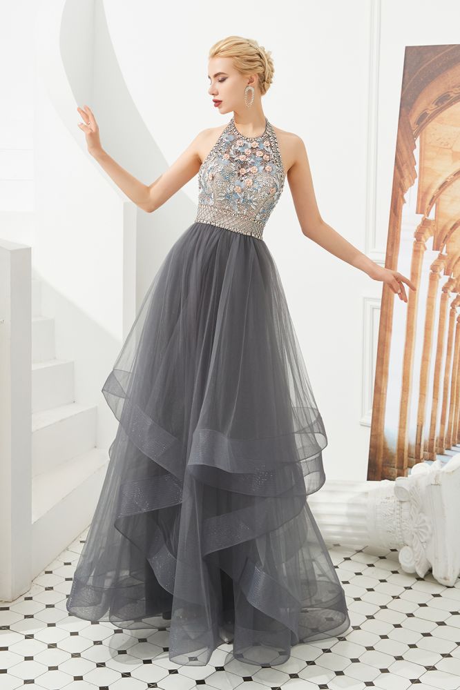 Floral Halter Evening Dress with Sparkle Beads Trendy Gray Mother of the bride Dress with watermelon and blue decorations Floral Halter Evening Dress with Sparkle Beads Trendy Gray Mother of the bride Dress with watermelon and blue decorations