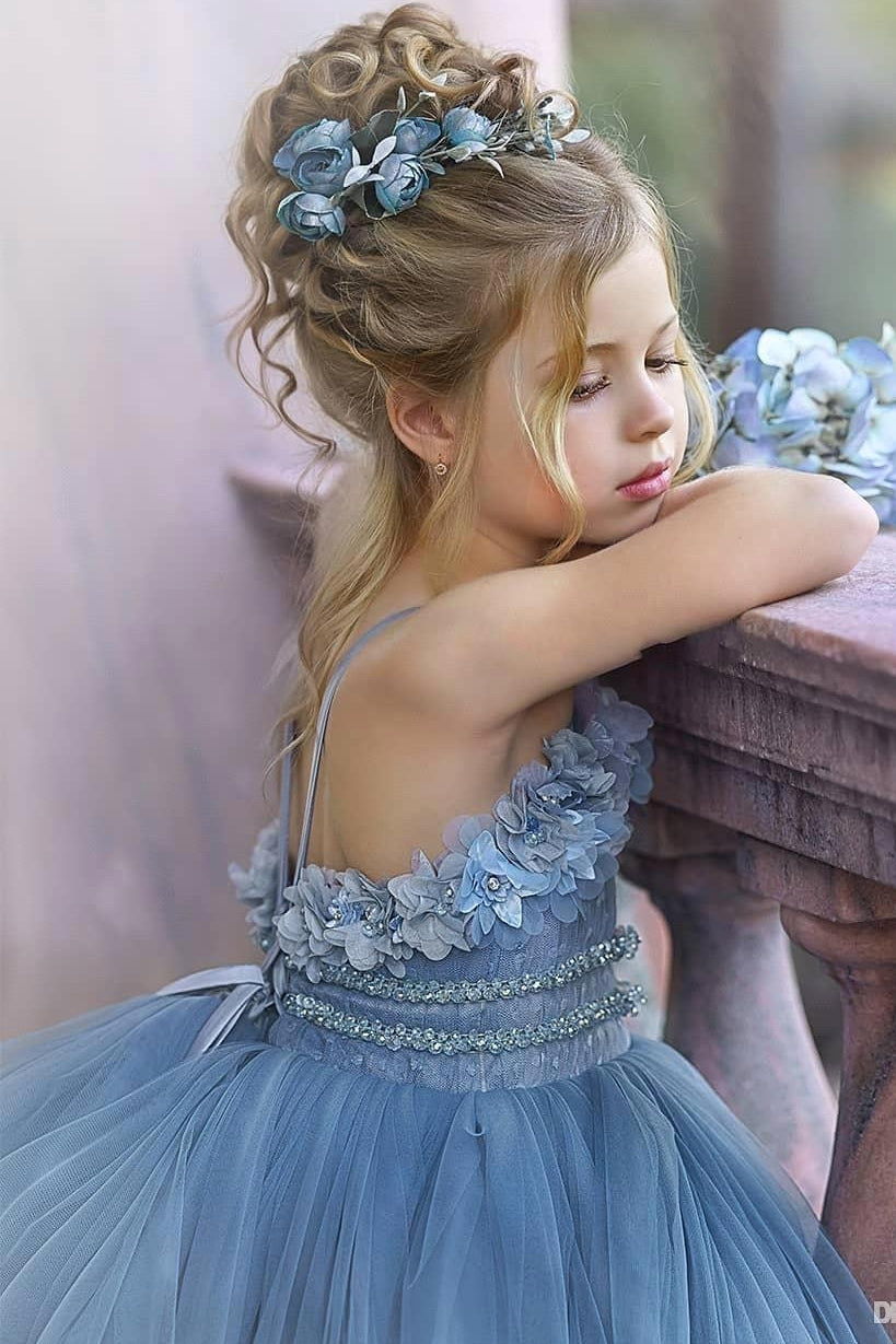 dusty blue puffy dress Puffy Tulle Dusty Blue Ballgown Prom Dress with Straps