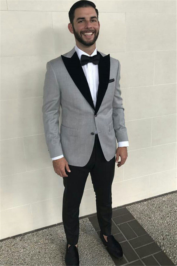 Formal Grey Slim Fit Business Mens Suits with Black Peaked Lapel Formal Grey Slim Fit Business Mens Suits with Black Peaked Lapel
