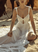 Front Split Chic A-line V-Neck Backless Pleated Tulle Wedding Dresses-Ballbella