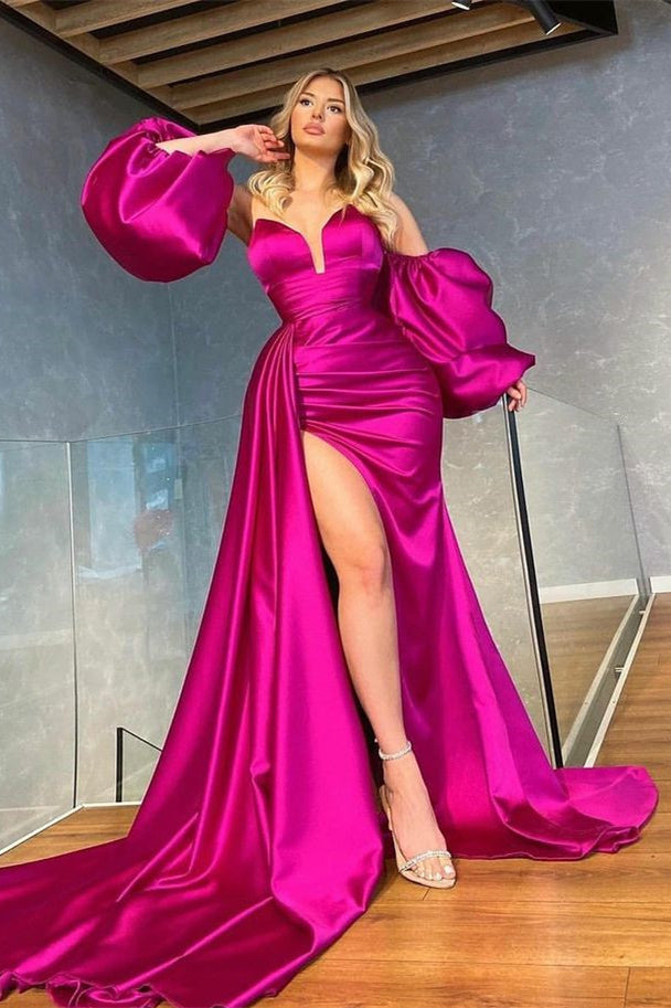 Fuchsia Detachable Sleeves Mermaid Prom Dress Slit with Ruffles Fuchsia Detachable Sleeves Mermaid Prom Dress Slit with Ruffles
