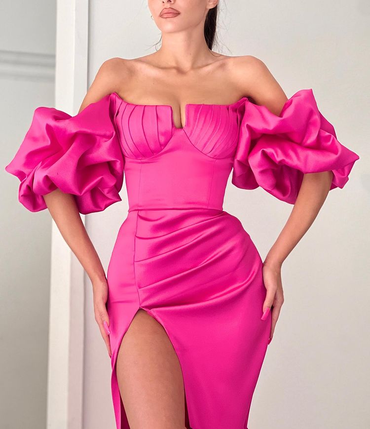 hot pink formal dress with sleeves Long Glitter Prom Dress with Draped Sleeve Fuchsia / 6