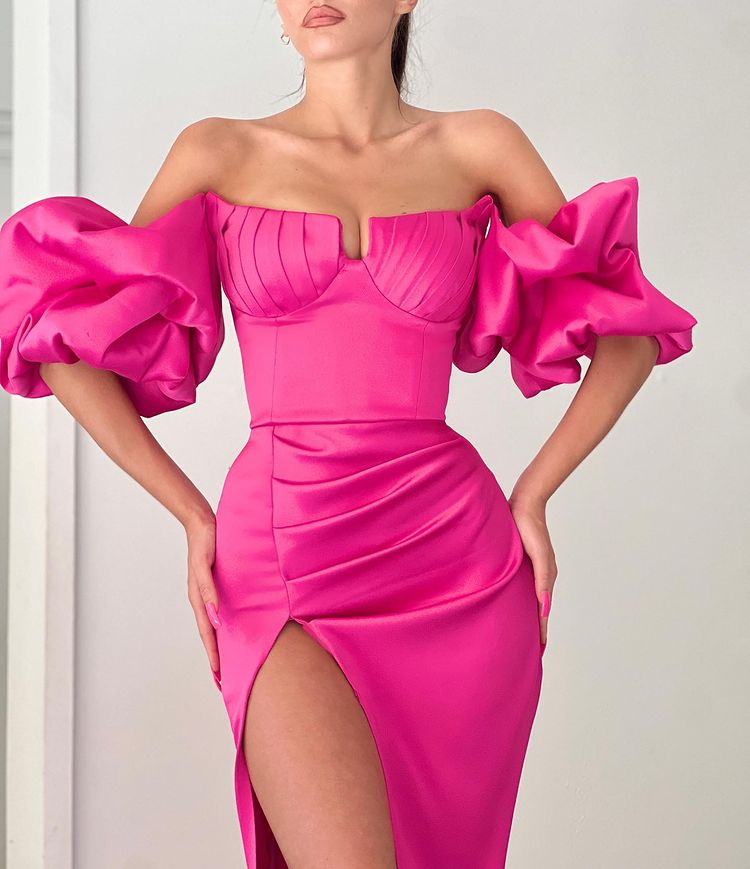 Fuchsia Off-the-shoulder Bubble Sleeves High split Long Mermaid Prom D Ballbella Fuchsia Off-the-shoulder Bubble Sleeves High split Long Mermaid Prom D Ballbella