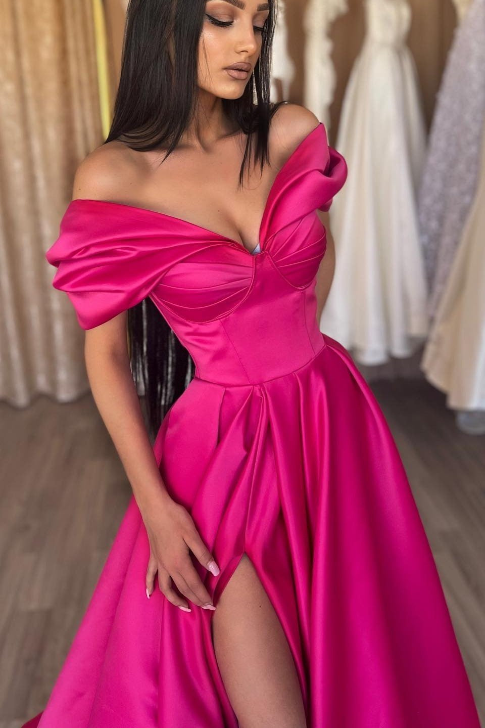Fuchsia Off-The-Shoulder Prom Dress Long Split V-Neck Fuchsia Off-The-Shoulder Prom Dress Long Split V-Neck