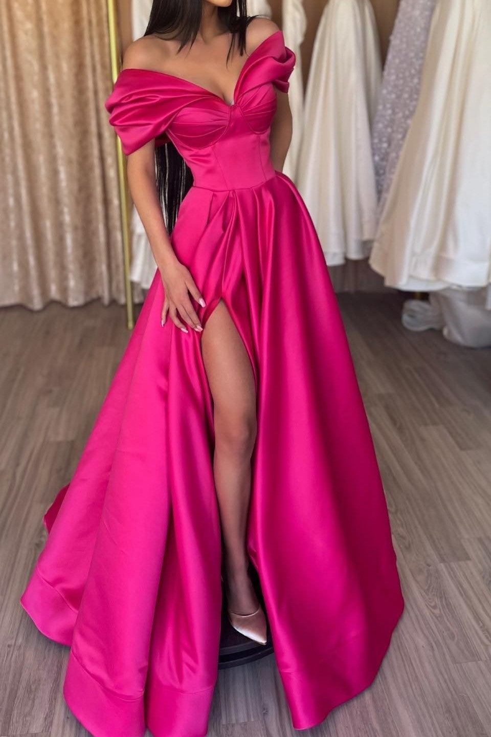 Fuchsia Off-the-Shoulder Prom Dress Long Split V-Neck Fuchsia Off-the-Shoulder Prom Dress Long Split V-Neck
