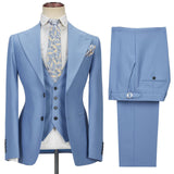 Gentle Blue Peak Lapel Men Suit Three-piece Men Formal Suit without Flap-Ballbella