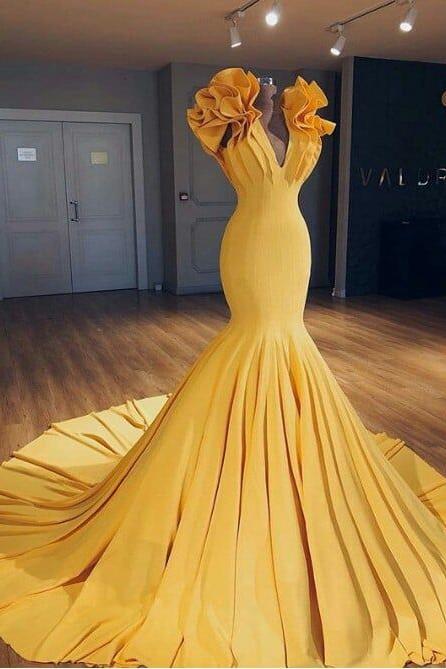 Ginger Yellow Fit and Flare Prom Dresses Ruffles Court Train Wholesale Evening Gowns Ginger Yellow Fit and Flare Prom Dresses Ruffles Court Train Wholesale Evening Gowns