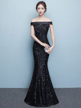 Glamorous Black Evening Dress Lace Sequin Bateau Mermaid Formal Dress Off The Shoulder Floor Length Occasion Dress wedding guest dress-Ballbella