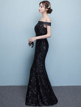Glamorous Black Evening Dress Lace Sequin Bateau Mermaid Formal Dress Off The Shoulder Floor Length Occasion Dress wedding guest dress-Ballbella
