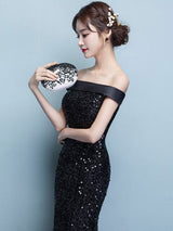 Glamorous Black Evening Dress Lace Sequin Bateau Mermaid Formal Dress Off The Shoulder Floor Length Occasion Dress wedding guest dress-Ballbella