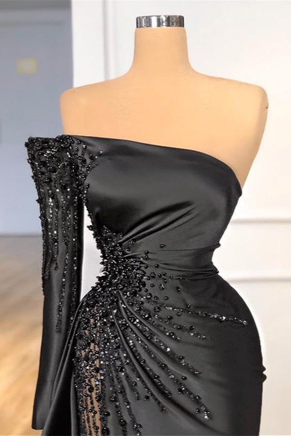 Glamorous Black Long Sleeve One Shoulder Prom Dress Beadings Evening Gowns Glamorous Black Long Sleeve One Shoulder Prom Dress Beadings Evening Gowns