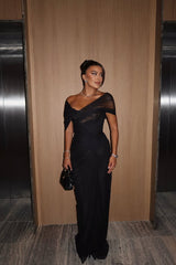 Glamorous Black Off-The-Shoulder Mermaid Prom Dresses Sheath Lace With Pleats-Ballbella