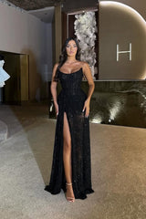 Glamorous Black Strapless Sleeveless Prom Dresses Floor Length With High Slit Beadings-Ballbella