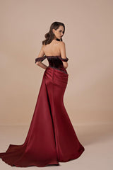Glamorous Burgundy Off-The-Shoulder Satin Prom Dresses Mermaid Beads With Zipper Ruffles-Ballbella