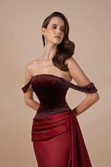 Glamorous Burgundy Off-The-Shoulder Satin Prom Dresses Mermaid Beads With Zipper Ruffles-Ballbella