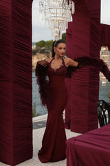 Glamorous Burgundy Sweetheart Halter Satin Prom Dress Mermaid Lace With Gloves-Ballbella