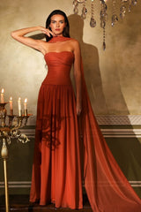 Glamorous Burnt Orange Sweetheart Strapless Sleeveless Chiffon Prom Dresses A-Line With Pleats-Ballbella