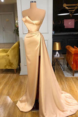 Glamorous Champagne Starpless Long Prom Dress With Split Online-Ballbella
