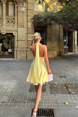 Glamorous Daffodil Halter V-Neck Chiffon Homecoming Dress Sleeveless Backless Mini A-Line With Ruffle-Ballbella