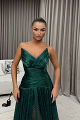 Glamorous Dark Green Strapless Sleeveless V-Neck Prom Dress A-Line Long With Pleats-Ballbella