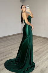 Glamorous Dark Green Sweetheart Satin Prom Dress Sleeveless Mermaid With Beads Pleats-Ballbella