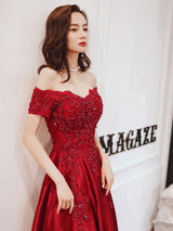Glamorous Evening Dress A-Line Bateau Neck Floor-Length Short Sleeves Lace-up Beaded Matte Satin evening dress-Ballbella