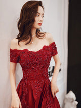 Glamorous Evening Dress A-Line Bateau Neck Floor-Length Short Sleeves Lace-up Beaded Matte Satin evening dress-Ballbella