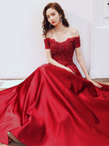 Glamorous Evening Dress A-Line Bateau Neck Floor-Length Short Sleeves Lace-up Beaded Matte Satin evening dress-Ballbella