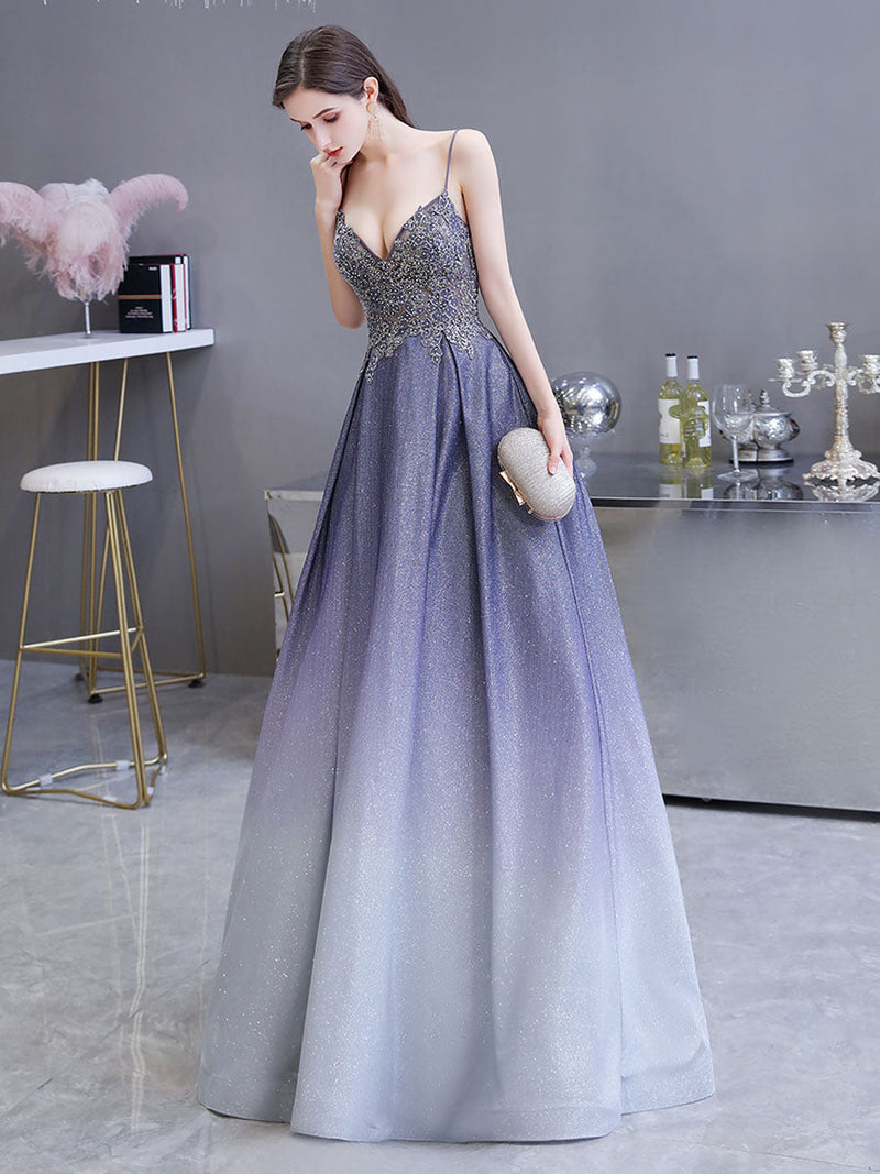evening dress A Line Sweetheart Neck Straps Sleeveless Metallic Gradient Color Floor Length Formal Party Dresses