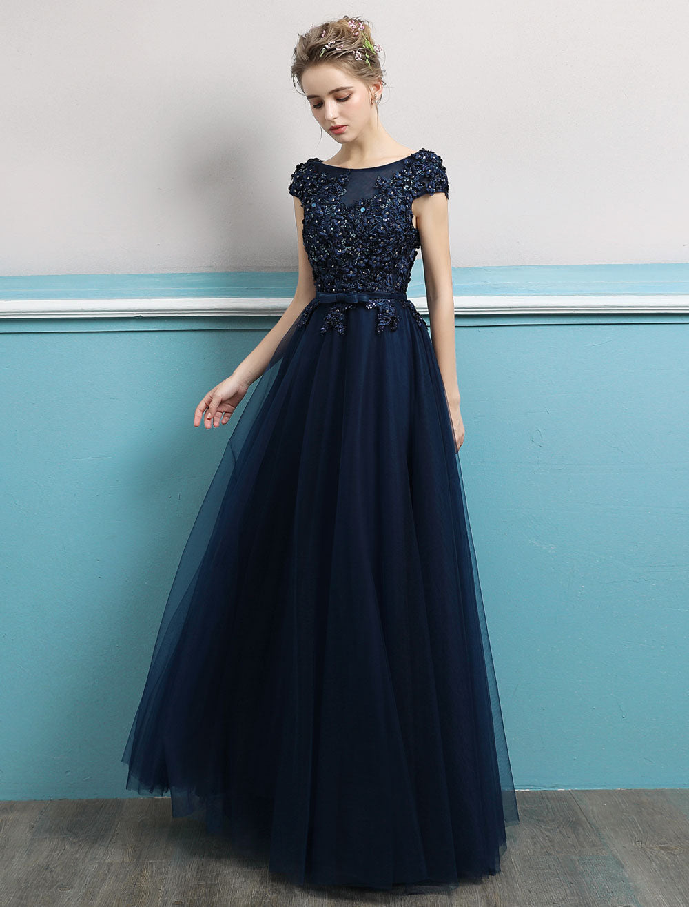 Glamorous Evening Dresses Long Dark Navy Evening Dress Jewel Neck Open   Ballbella