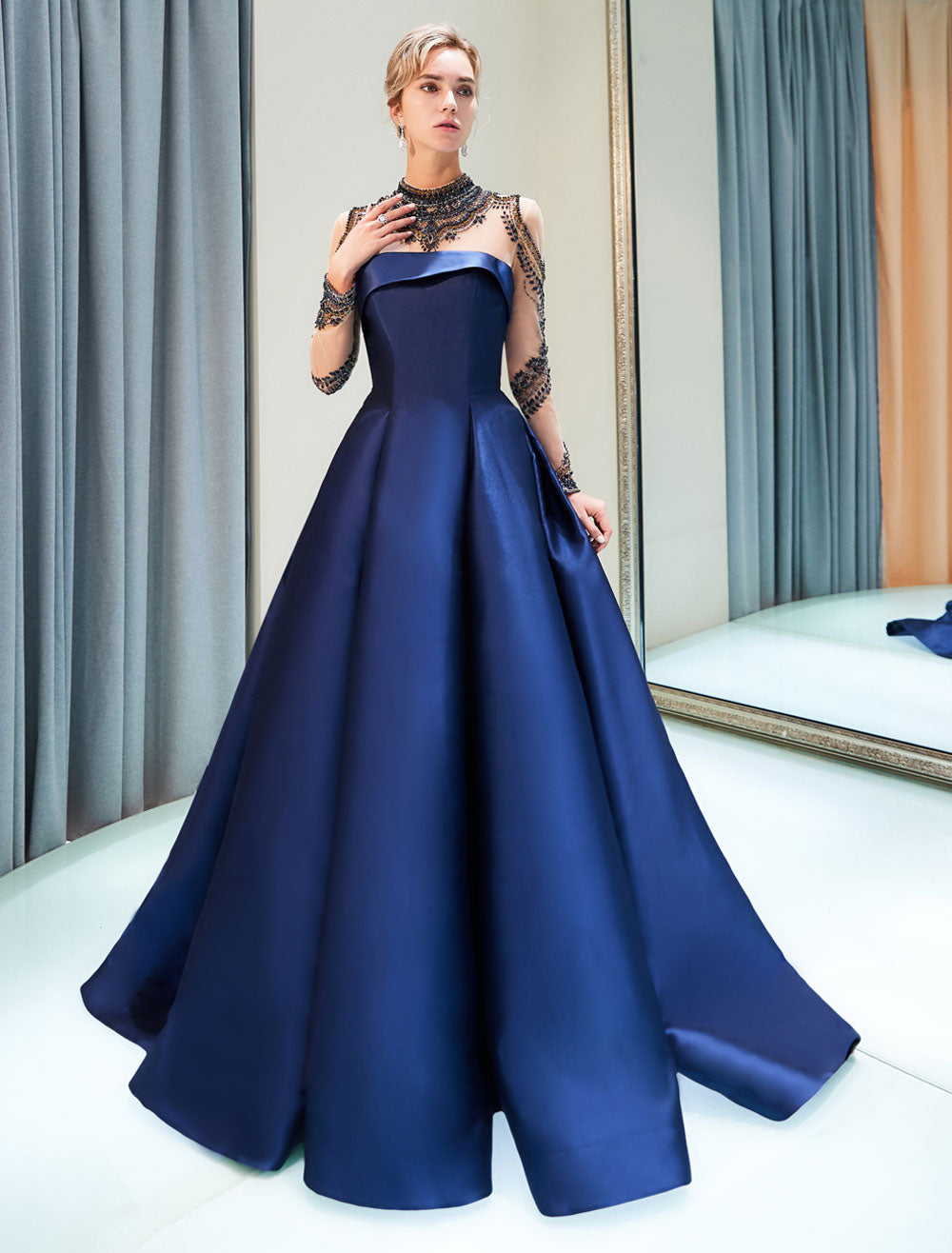 Glamorous Evening Dresses Luxury Dark Navy Satin A Line Long Sleeve Lace Illusion High Collar Quinceanera Dress Glamorous Evening Dresses Luxury Dark Navy Satin A Line Long Sleeve Lace Illusion High Collar Quinceanera Dress