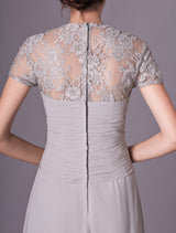 Glamorous Evening Dresses Silver Lace Short Sleeve Formal Gowns Chiffon Pleated Floor Length Mother Of Bride Dress-Ballbella