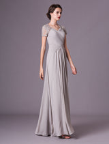Glamorous Evening Dresses Silver Lace Short Sleeve Formal Gowns Chiffon Pleated Floor Length Mother Of Bride Dress-Ballbella