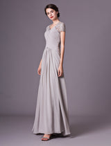 Glamorous Evening Dresses Silver Lace Short Sleeve Formal Gowns Chiffon Pleated Floor Length Mother Of Bride Dress-Ballbella