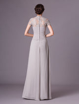 Glamorous Evening Dresses Silver Lace Short Sleeve Formal Gowns Chiffon Pleated Floor Length Mother Of Bride Dress-Ballbella