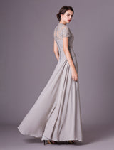 Glamorous Evening Dresses Silver Lace Short Sleeve Formal Gowns Chiffon Pleated Floor Length Mother Of Bride Dress-Ballbella