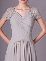 Glamorous Evening Dresses Silver Lace Short Sleeve Formal Gowns Chiffon Pleated Floor Length Mother Of Bride Dress-Ballbella