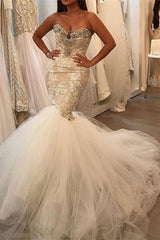 Glamorous Fit and Flare Tulle Wholesale Wedding Dresses Lace Sweetheart Crystal Bridal Gowns-Ballbella