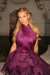 Glamorous Grape Halter Sleeveless Organza A-Line Prom Dresses High Split Long With Pleats-Ballbella